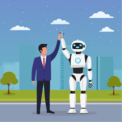 Working together with AI Artificial Intelligence, human cooperate with machine or robot, AI help or support coworker, assistance or partnership concept, businessman hand high five with robot han