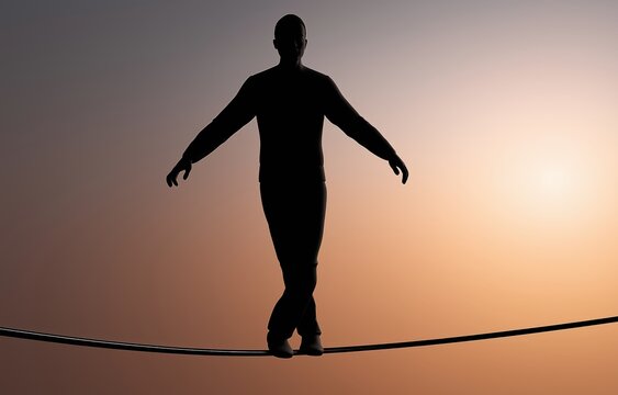 Balancing on a tightrope symbolizing investment risks and challenges during sunset