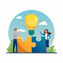 Idea brainstorming, cooperation or collaboration to get solution, teamwork or team meeting to develop idea together, employee participation concept, business people connect lightbulb jigsaw puzzl