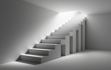 Minimalistic geometric architecture features sharp shadows on white surfaces, accentuating an abstract staircase in a calming atmosphere