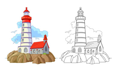 Colorful and black and white template for coloring. Fantasy illustration of an ancient Breton lighthouse on the Atlantic coast. Worksheet for coloring book for children and adults. Hand drawn vector