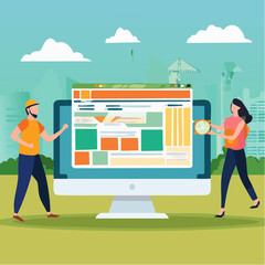Build website with template customization, SEO optimization for search result, develop app or wireframe, customizable software development concept, hands help building website on computer scree