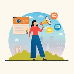 Marketing strategy, communication for online website, social media or market research, advertising, seo optimization or marketing campaign concept, woman speak on megaphone with marketing element