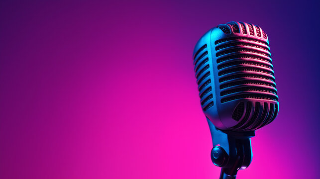 A retro microphone silhouette radiates with a colorful glow, combining vintage charm with vibrant modern energy.
