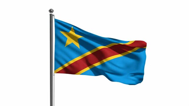 A Democratic Republic of the Congo flag waves on a silver pole against a white background