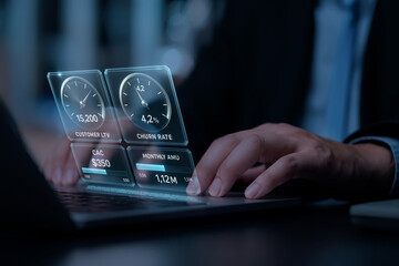 Holographic Corporate KPI Dashboard Showing Customer LTV, Churn Rate, CAC, and Monthly AMU Metrics Projected Over Laptop Keyboard