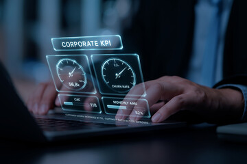 Holographic Corporate KPI Dashboard Displaying Churn Rate, CAC, and Monthly AMU Metrics Projected Over Laptop Keyboard