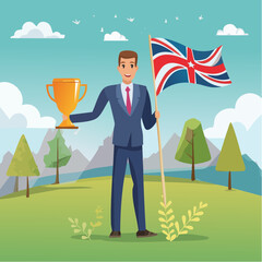 Leadership team leader to lead team to success, company ceo win business competition together, management or professional to reach goal or achievement, businessman leader hold winning flag with tea
