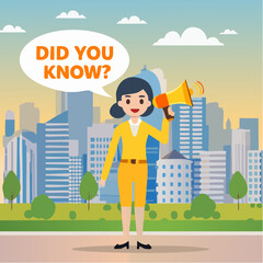 Did you know, fun fact, idea or advice message, useful knowledge or wisdom, expert information, explanation or solution, useful tips concept, woman talk on megaphone on did you know speech bubbl