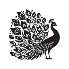 Elegant Peacock Silhouette Vector Art – Regal Bird Design with Flowing Tail Feathers, Minimalist Black Outline Perfect for Royal Themes, Wildlife Graphics, Cultural Decor, and Logos
