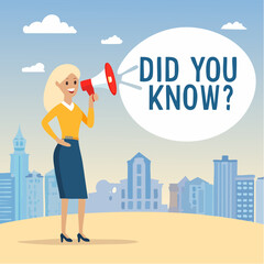 Did you know, fun fact, idea or advice message, useful knowledge or wisdom, expert information, explanation or solution, useful tips concept, woman talk on megaphone on did you know speech bubbl