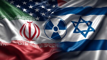 United states Iran and Israel flags with nuclear icon 