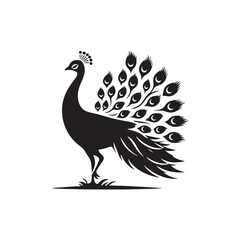 Elegant Peacock Silhouette Vector Art – Regal Bird Design with Flowing Tail Feathers, Minimalist Black Outline Perfect for Royal Themes, Wildlife Graphics, Cultural Decor, and Logos

