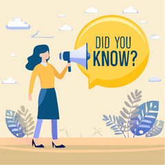 Did you know, fun fact, idea or advice message, useful knowledge or wisdom, expert information, explanation or solution, useful tips concept, woman talk on megaphone on did you know speech bubbl