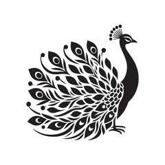 Elegant Peacock Silhouette Vector Art – Regal Bird Design with Flowing Tail Feathers, Minimalist Black Outline Perfect for Royal Themes, Wildlife Graphics, Cultural Decor, and Logos
