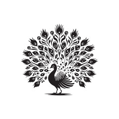 Fototapeta premium Elegant Peacock Silhouette Vector Art – Regal Bird Design with Flowing Tail Feathers, Minimalist Black Outline Perfect for Royal Themes, Wildlife Graphics, Cultural Decor, and Logos 