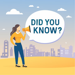 Did you know, fun fact, idea or advice message, useful knowledge or wisdom, expert information, explanation or solution, useful tips concept, woman talk on megaphone on did you know speech bubbl