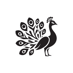 Elegant Peacock Silhouette Vector Art – Regal Bird Design with Flowing Tail Feathers, Minimalist Black Outline Perfect for Royal Themes, Wildlife Graphics, Cultural Decor, and Logos
