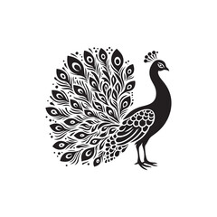 Elegant Peacock Silhouette Vector Art – Regal Bird Design with Flowing Tail Feathers, Minimalist Black Outline Perfect for Royal Themes, Wildlife Graphics, Cultural Decor, and Logos
