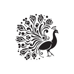 Elegant Peacock Silhouette Vector Art – Regal Bird Design with Flowing Tail Feathers, Minimalist Black Outline Perfect for Royal Themes, Wildlife Graphics, Cultural Decor, and Logos
