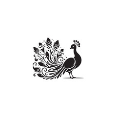 Elegant Peacock Silhouette Vector Art – Regal Bird Design with Flowing Tail Feathers, Minimalist Black Outline Perfect for Royal Themes, Wildlife Graphics, Cultural Decor, and Logos
