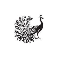 Elegant Peacock Silhouette Vector Art – Regal Bird Design with Flowing Tail Feathers, Minimalist Black Outline Perfect for Royal Themes, Wildlife Graphics, Cultural Decor, and Logos
