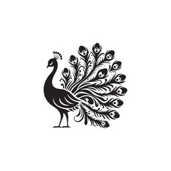 Elegant Peacock Silhouette Vector Art – Regal Bird Design with Flowing Tail Feathers, Minimalist Black Outline Perfect for Royal Themes, Wildlife Graphics, Cultural Decor, and Logos
