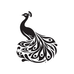Elegant Peacock Silhouette Vector Art – Regal Bird Design with Flowing Tail Feathers, Minimalist Black Outline Perfect for Royal Themes, Wildlife Graphics, Cultural Decor, and Logos
