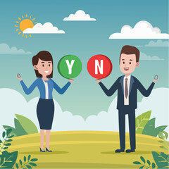 Yes, No argument or disagreement, conflict fight debate, dilemma, dispute or office rivalry war, struggle, negative discussion concept, businessman and woman arguing or fight with yes and no sig