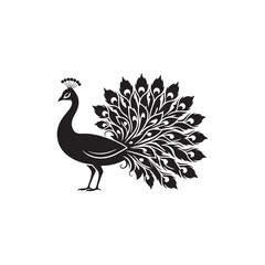 Elegant Peacock Silhouette Vector Art – Regal Bird Design with Flowing Tail Feathers, Minimalist Black Outline Perfect for Royal Themes, Wildlife Graphics, Cultural Decor, and Logos
