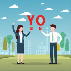 Yes, No argument or disagreement, conflict fight debate, dilemma, dispute or office rivalry war, struggle, negative discussion concept, businessman and woman arguing or fight with yes and no sig