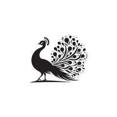 Elegant Peacock Silhouette Vector Art – Regal Bird Design with Flowing Tail Feathers, Minimalist Black Outline Perfect for Royal Themes, Wildlife Graphics, Cultural Decor, and Logos
