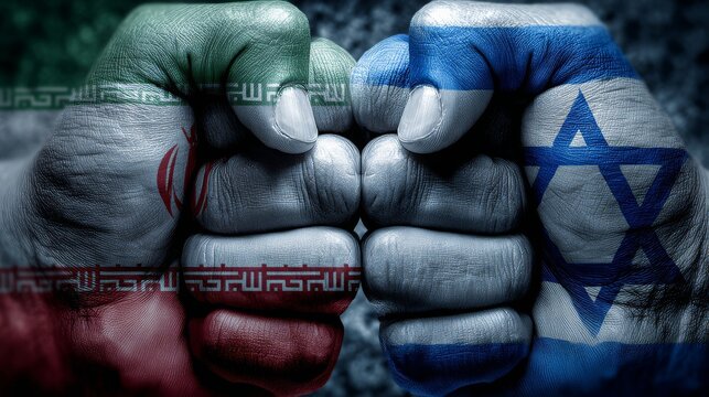 Two fist with the flag of Iran and Israel faced at each other ready for figh 
