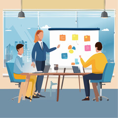 Workshop or business discussion, meeting or brainstorm new idea, training course class, Q and A, question and answer chat, business people in workshop meeting room with whiteboard and sticky note