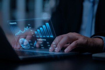 Modern Business Technology Concept Featuring Holographic Digital Finance Dashboard Overlay Displayed on a Laptop Keyboard with Interactive Charts and Statistics Visualization
