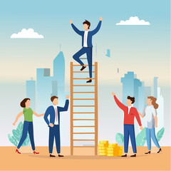 Team growth, growing business success, employee engagement, career progress, achievement or challenge, corporate ladder, motivation to win together concept, business people climb up growth grap
