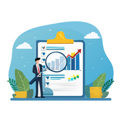 Data analysis chart and report, financial research or analyze information for marketing insight, analytics or optimization diagram, smart information, businessman analyze data with magnifying glas
