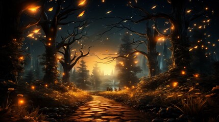 Enchanted forest pathway at night with glowing lights, dark trees, and mystical autumn fantasy scene