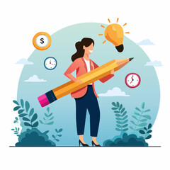 Project management or development plan, strategy or process to develop product, schedule or manage resource to achieve goal concept, businesswoman holding pencil with project management element