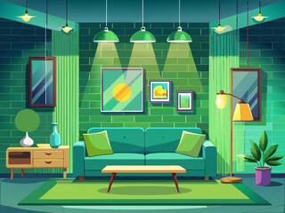 vector of Modern living room with green sofa, green wall, home interior design with bright lighting, aesthetics, comfort and style...