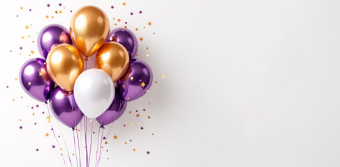 White background with gold, violet and white balloons, ribbons and confetti

