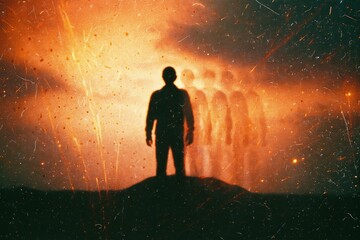 Surreal silhouette in glitching ash desert at dawn