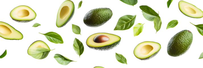 Seamless pattern of fresh avocado halves, whole fruits and green leaves on a black background