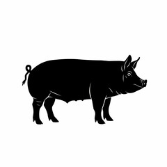 Fototapeta premium A black silhouette of a pig, facing right, showcasing its body structure and curly tail. Simple, clean design, perfect for farm or food illustrations.