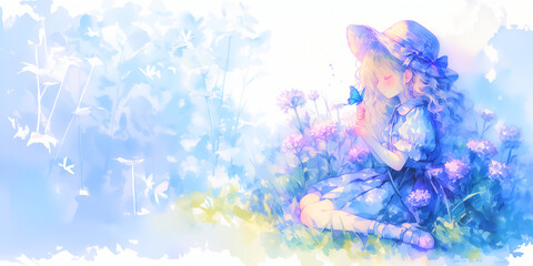 蝶と憩う女性イラスト。水彩画。可愛い。ブログ素材。