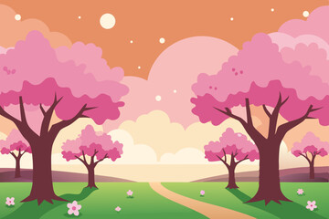 Serene Spring Landscape Pink Cherry Blossom Trees and Sunset Path