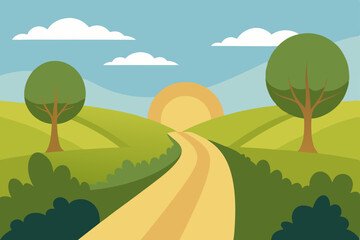 Obraz premium Serene Sunrise A Winding Country Road Through Rolling Hills and Lush Green Meadows