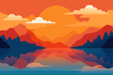 Serene Sunset Landscape Mountains, Lake, and Sky Reflection