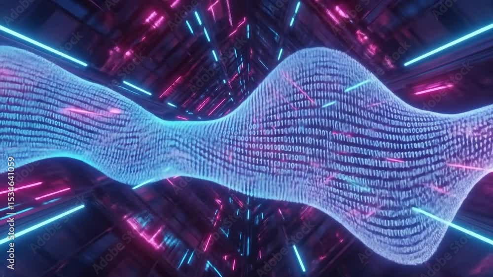 Poster abstract digital tunnel with binary code flowing. neon lights in a futuristic, technological space