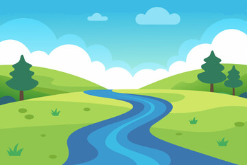 Obraz premium Serene River Landscape Peaceful Valley Vista with Winding River and Lush Green Hills